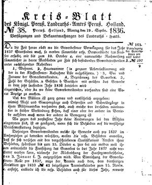 Kreisblatt des Königl. Preuss. Landraths-Amtes Preuss. Holland vom 19.09.1836