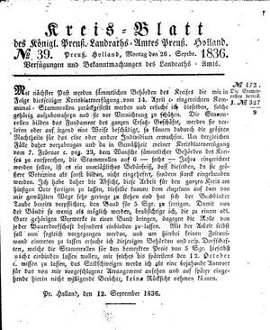 Kreisblatt des Königl. Preuss. Landraths-Amtes Preuss. Holland vom 26.09.1836