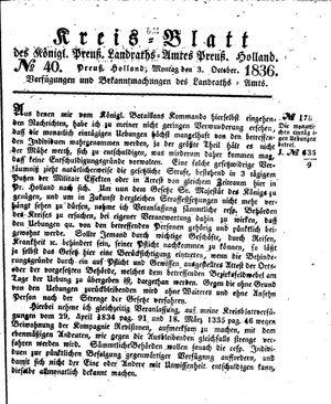 Kreisblatt des Königl. Preuss. Landraths-Amtes Preuss. Holland vom 03.10.1836