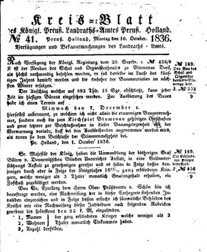 Kreisblatt des Königl. Preuss. Landraths-Amtes Preuss. Holland vom 10.10.1836