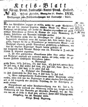 Kreisblatt des Königl. Preuss. Landraths-Amtes Preuss. Holland vom 17.10.1836