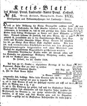 Kreisblatt des Königl. Preuss. Landraths-Amtes Preuss. Holland vom 31.10.1836