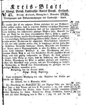 Kreisblatt des Königl. Preuss. Landraths-Amtes Preuss. Holland vom 07.11.1836