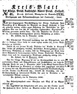 Kreisblatt des Königl. Preuss. Landraths-Amtes Preuss. Holland vom 14.11.1836