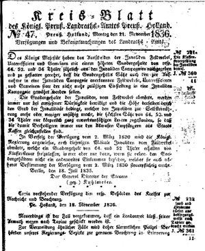 Kreisblatt des Königl. Preuss. Landraths-Amtes Preuss. Holland vom 21.11.1836