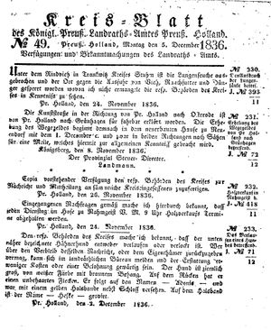 Kreisblatt des Königl. Preuss. Landraths-Amtes Preuss. Holland vom 05.12.1836