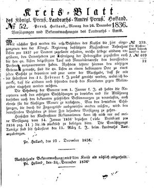 Kreisblatt des Königl. Preuss. Landraths-Amtes Preuss. Holland vom 26.12.1836