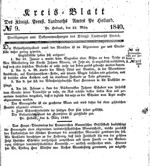 Kreisblatt des Königl. Preuss. Landraths-Amtes Preuss. Holland vom 23.03.1840