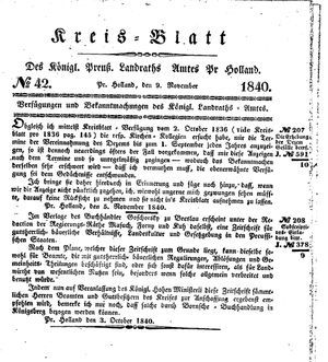 Kreisblatt des Königl. Preuss. Landraths-Amtes Preuss. Holland vom 09.11.1840
