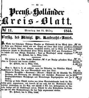 Kreisblatt des Königl. Preuss. Landraths-Amtes Preuss. Holland vom 11.03.1844