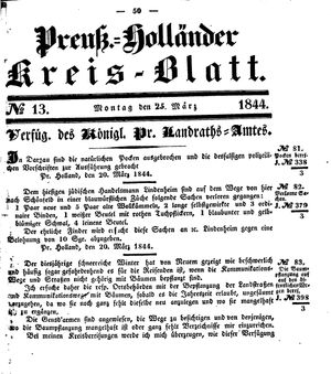 Kreisblatt des Königl. Preuss. Landraths-Amtes Preuss. Holland vom 25.03.1844