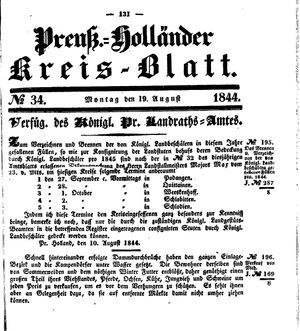 Kreisblatt des Königl. Preuss. Landraths-Amtes Preuss. Holland vom 19.08.1844