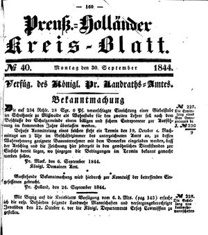 Kreisblatt des Königl. Preuss. Landraths-Amtes Preuss. Holland vom 30.09.1844