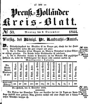 Kreisblatt des Königl. Preuss. Landraths-Amtes Preuss. Holland vom 09.12.1844