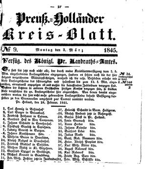 Kreisblatt des Königl. Preuss. Landraths-Amtes Preuss. Holland vom 03.03.1845