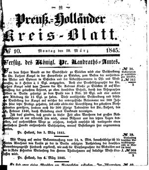 Kreisblatt des Königl. Preuss. Landraths-Amtes Preuss. Holland vom 10.03.1845