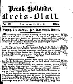 Kreisblatt des Königl. Preuss. Landraths-Amtes Preuss. Holland vom 21.04.1845