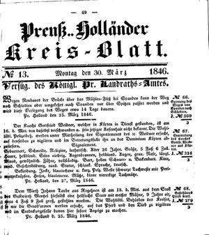 Kreisblatt des Königl. Preuss. Landraths-Amtes Preuss. Holland vom 30.03.1846