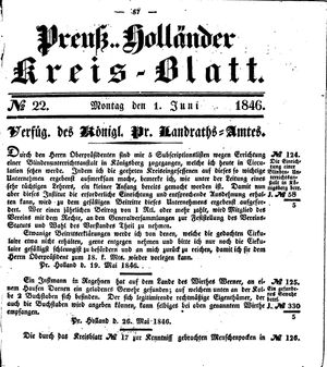 Kreisblatt des Königl. Preuss. Landraths-Amtes Preuss. Holland vom 01.06.1846