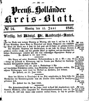 Kreisblatt des Königl. Preuss. Landraths-Amtes Preuss. Holland vom 15.06.1846