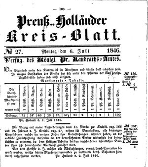 Kreisblatt des Königl. Preuss. Landraths-Amtes Preuss. Holland vom 06.07.1846