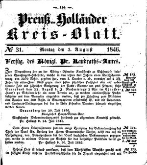 Kreisblatt des Königl. Preuss. Landraths-Amtes Preuss. Holland vom 03.08.1846