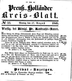 Kreisblatt des Königl. Preuss. Landraths-Amtes Preuss. Holland vom 17.08.1846
