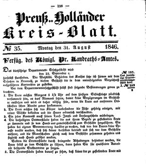 Kreisblatt des Königl. Preuss. Landraths-Amtes Preuss. Holland vom 31.08.1846