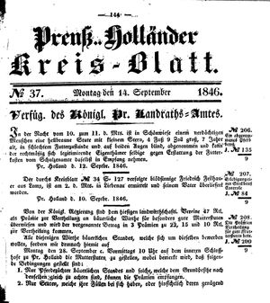 Kreisblatt des Königl. Preuss. Landraths-Amtes Preuss. Holland vom 14.09.1846