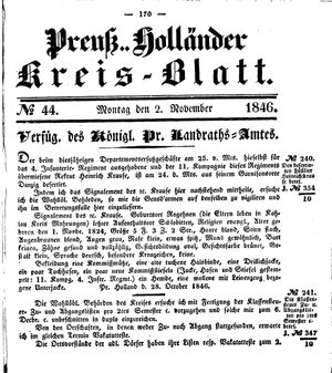 Kreisblatt des Königl. Preuss. Landraths-Amtes Preuss. Holland vom 02.11.1846