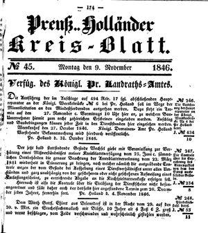 Kreisblatt des Königl. Preuss. Landraths-Amtes Preuss. Holland vom 09.11.1846