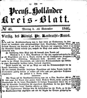 Kreisblatt des Königl. Preuss. Landraths-Amtes Preuss. Holland vom 16.11.1846