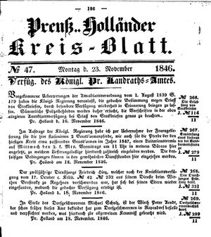Kreisblatt des Königl. Preuss. Landraths-Amtes Preuss. Holland vom 23.11.1846
