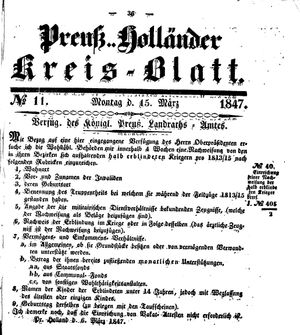 Kreisblatt des Königl. Preuss. Landraths-Amtes Preuss. Holland vom 15.03.1847