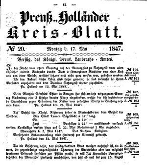 Kreisblatt des Königl. Preuss. Landraths-Amtes Preuss. Holland vom 17.05.1847