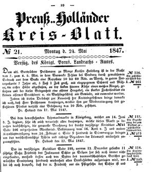 Kreisblatt des Königl. Preuss. Landraths-Amtes Preuss. Holland vom 24.05.1847