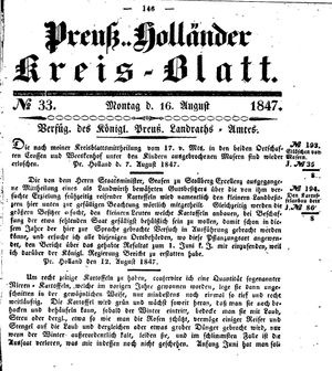 Kreisblatt des Königl. Preuss. Landraths-Amtes Preuss. Holland vom 16.08.1847