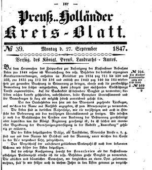 Kreisblatt des Königl. Preuss. Landraths-Amtes Preuss. Holland vom 27.09.1847