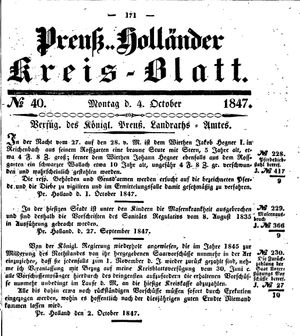 Kreisblatt des Königl. Preuss. Landraths-Amtes Preuss. Holland vom 04.10.1847