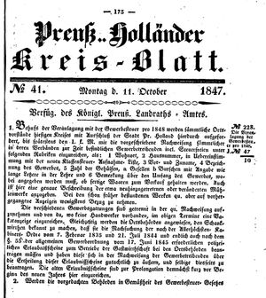 Kreisblatt des Königl. Preuss. Landraths-Amtes Preuss. Holland vom 11.10.1847