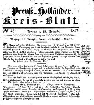 Kreisblatt des Königl. Preuss. Landraths-Amtes Preuss. Holland vom 15.11.1847