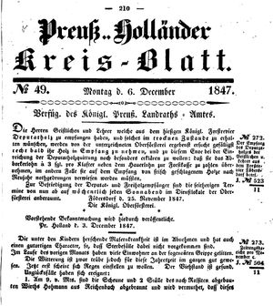 Kreisblatt des Königl. Preuss. Landraths-Amtes Preuss. Holland vom 06.12.1847