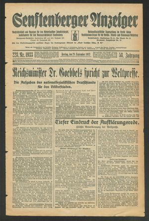 Senftenberger Anzeiger vom 29.09.1933
