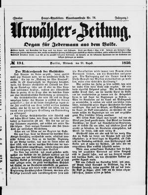 Urwähler-Zeitung vom 21.08.1850