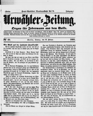 Urwähler-Zeitung vom 16.02.1851