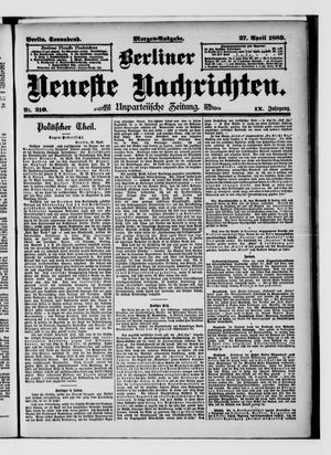 Berliner Neueste Nachrichten vom 27.04.1889