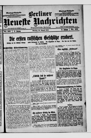 Berliner Neueste Nachrichten vom 10.08.1914