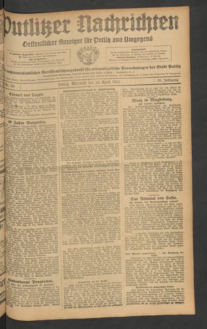 Putlitzer Nachrichten vom 22.04.1925