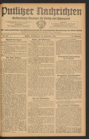 Putlitzer Nachrichten vom 29.09.1925