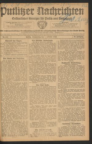 Putlitzer Nachrichten vom 01.10.1925